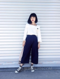深蓝色九分阔腿裤如何搭好看